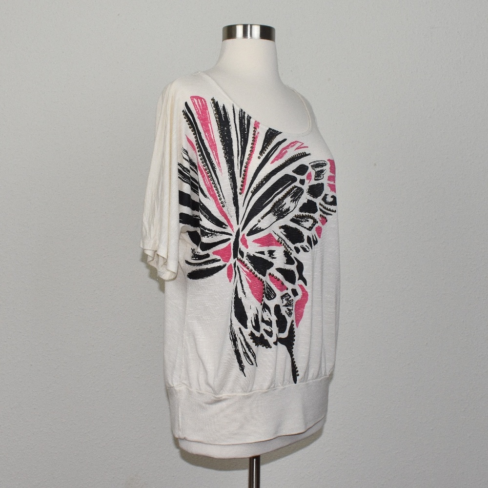 INC Ivory Tee - colorful butterfly blouse Size M - Picture 2 of 7